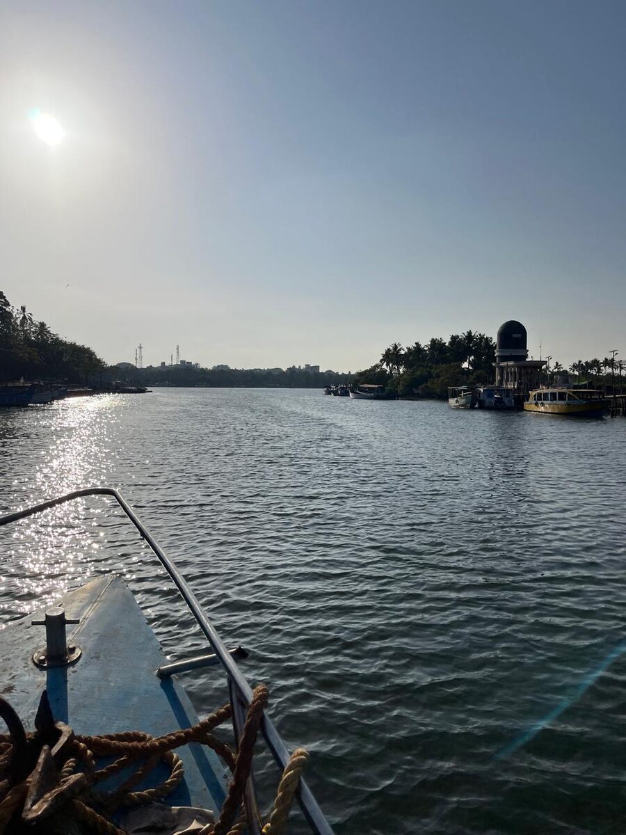 Sunlit backwater seen over the bow